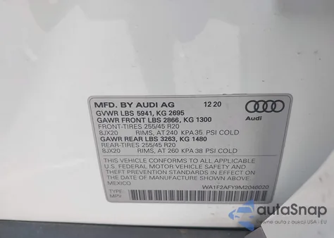 2021 Audi Q5 Prestige 55 Tfsi E Quattro S Tronic z USA, uszkodzony, nr VIN WA1F2AFY9M2046020